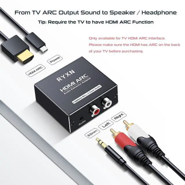Alt view image 3 of 7 - HDMI ARC to RCA Audio Converter Support CEC, 192KHz HDMI ARC Adapter with 3.5mm Audio and L R Stereo Audio for HDTV Soundbar Speaker Amplifier