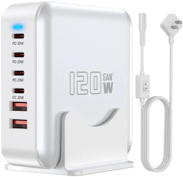 Main image of USB C Fast Charger Block, 120W 6-Port Charging Station GaN Hub Adapter, USB C Wall Multi Charger Power Strip Plug with On/Off Switch for iPad iPhone 17 16 15 14 13 12 Pro Max Galaxy S23 (White)