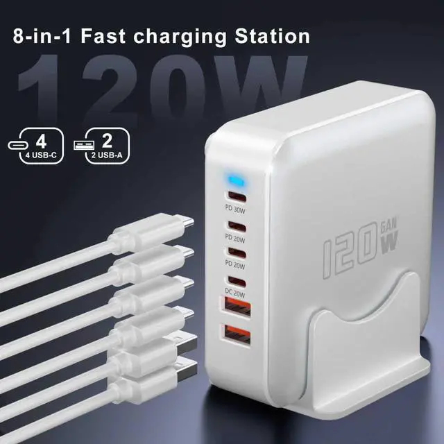 Alt view image 2 of 7 - USB C Fast Charger Block, 120W 6-Port Charging Station GaN Hub Adapter, USB C Wall Multi Charger Power Strip Plug with On/Off Switch for iPad iPhone 17 16 15 14 13 12 Pro Max Galaxy S23 (White)