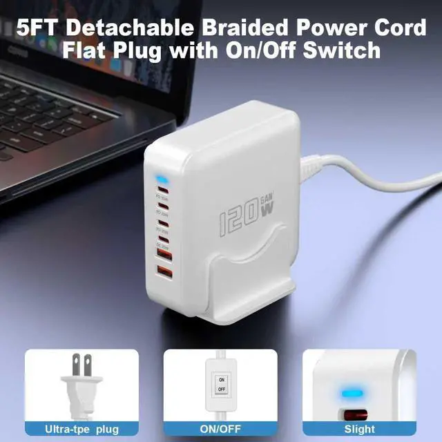 Alt view image 3 of 7 - USB C Fast Charger Block, 120W 6-Port Charging Station GaN Hub Adapter, USB C Wall Multi Charger Power Strip Plug with On/Off Switch for iPad iPhone 17 16 15 14 13 12 Pro Max Galaxy S23 (White)