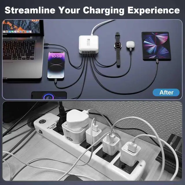 Alt view image 5 of 7 - USB C Fast Charger Block, 120W 6-Port Charging Station GaN Hub Adapter, USB C Wall Multi Charger Power Strip Plug with On/Off Switch for iPad iPhone 17 16 15 14 13 12 Pro Max Galaxy S23 (White)