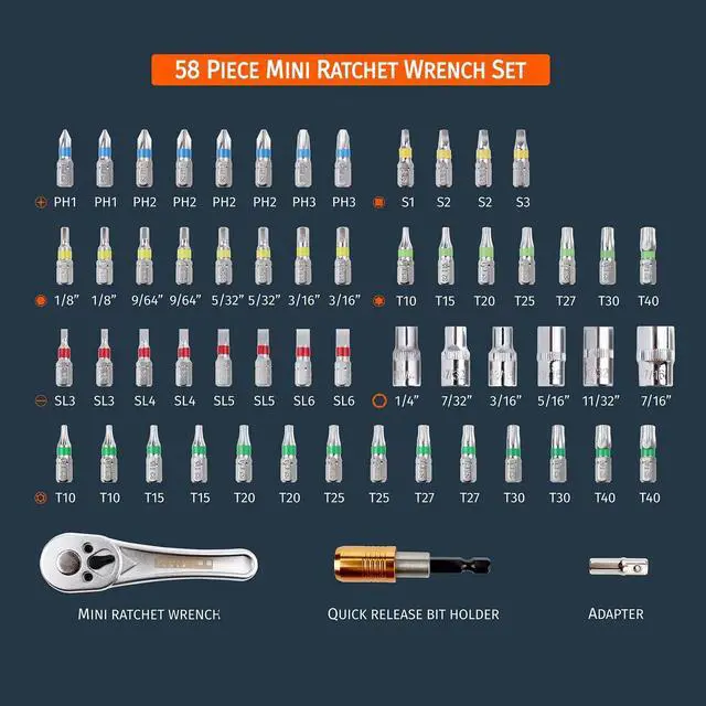 Alt view image 2 of 7 - 58 Piece 1/4 Inch Drive Mini Ratchet Wrench Set,Mini Socket Set,Screwdriver Bit Set with Phillips,Slotted,Hex,Trox,Tamper Proof Torx,Quick Release Bit Holder
