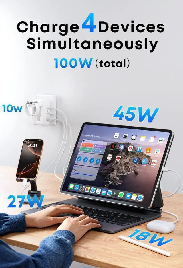 Alt view image 3 of 6 - 100W 4in1 Charger with Apple Watch Charging, Fast USB C Charger Block Dual Foldable Travel Essentials for iPhone 17/16/15 Series, iPad, MacBook Pro/Air, iWatch