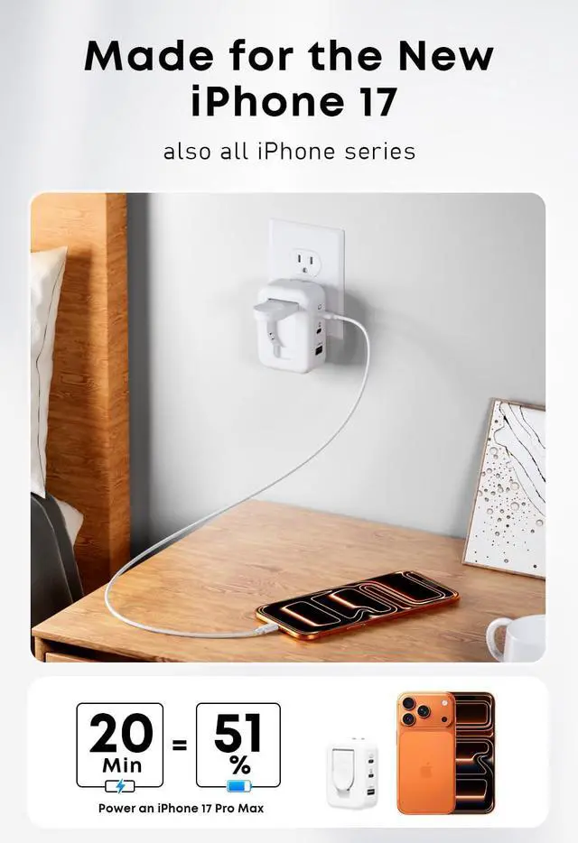 Alt view image 6 of 6 - 100W 4in1 Charger with Apple Watch Charging, Fast USB C Charger Block Dual Foldable Travel Essentials for iPhone 17/16/15 Series, iPad, MacBook Pro/Air, iWatch