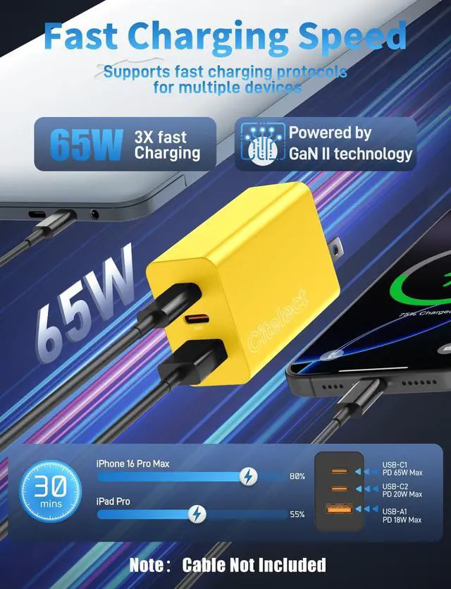 Alt view image 3 of 7 - 65W USB C Charger Block, 3Port Super Fast Charging Adapter for Samsung S26