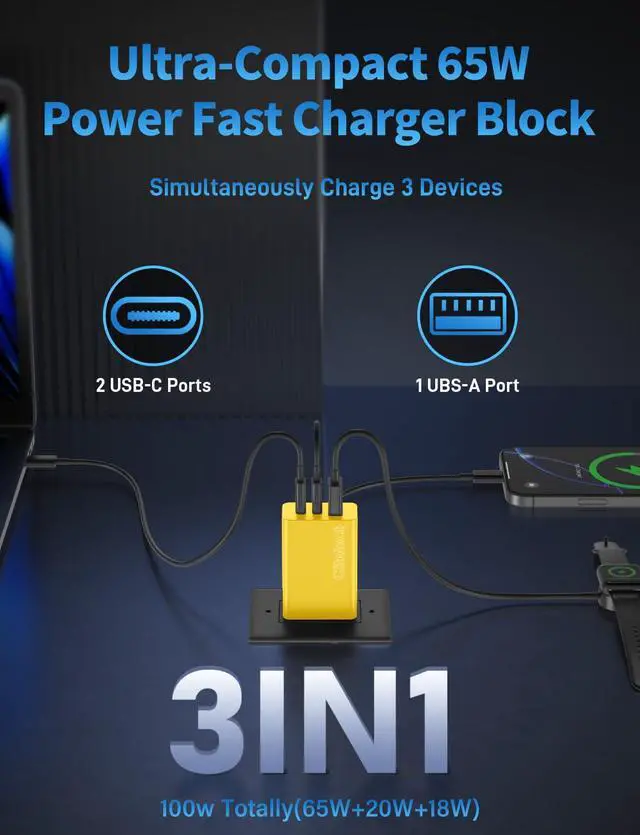 Alt view image 2 of 7 - 65W USB C Charger Block, 3Port Super Fast Charging Adapter for Samsung S26
