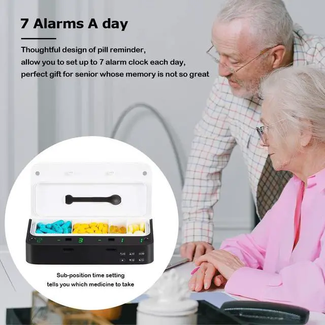 Alt view image 2 of 7 - Pill Dispenser with Alarm, Daily Medicine Pill Organizer with up to 7 Alarms A Day,Smart Pill Box 6 Compartments, Christmas Thanksgiving Gift Pill Reminder for Elderly (Blue)