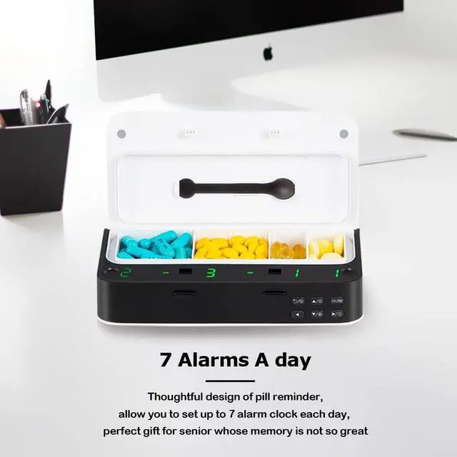 Alt view image 3 of 7 - Pill Dispenser with Alarm, Daily Medicine Pill Organizer with up to 7 Alarms A Day,Smart Pill Box 6 Compartments, Christmas Thanksgiving Gift Pill Reminder for Elderly (Blue)