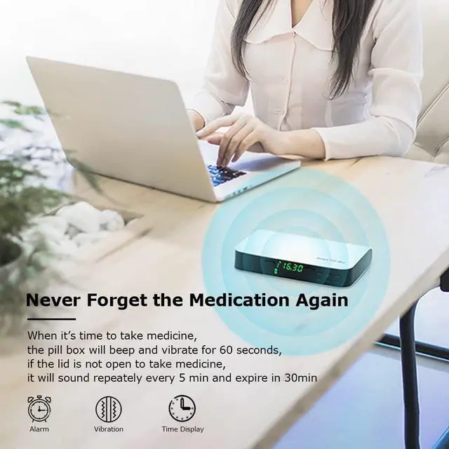 Alt view image 4 of 7 - Pill Dispenser with Alarm, Daily Medicine Pill Organizer with up to 7 Alarms A Day,Smart Pill Box 6 Compartments, Christmas Thanksgiving Gift Pill Reminder for Elderly (Blue)