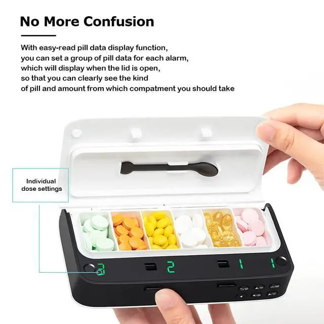 Alt view image 5 of 7 - Pill Dispenser with Alarm, Daily Medicine Pill Organizer with up to 7 Alarms A Day,Smart Pill Box 6 Compartments, Christmas Thanksgiving Gift Pill Reminder for Elderly (Blue)