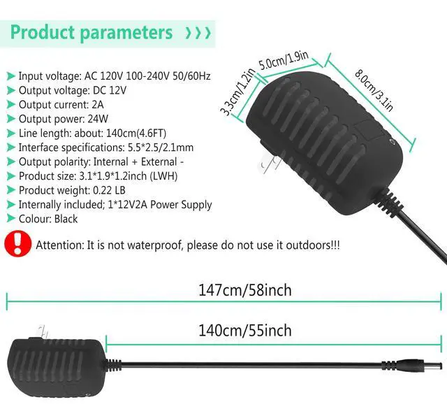 Alt view image 2 of 7 - 12V 2A DC Power Supply Adapter 24W AC Adapter 100-240V to 12V DC Converter