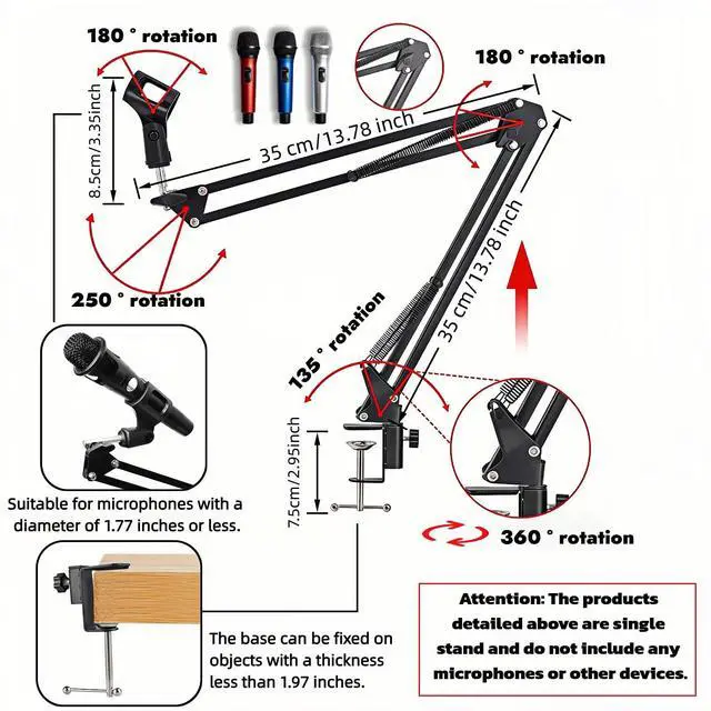 Alt view image 2 of 7 - Microphone Boom Arm Stand, Adjustable Desk Mount Scissor Arm with 360° Rotation, Heavy Duty Metal, for Podcast, Recording, Streaming, Gaming, Voice-Over, Studio, Home Office Black