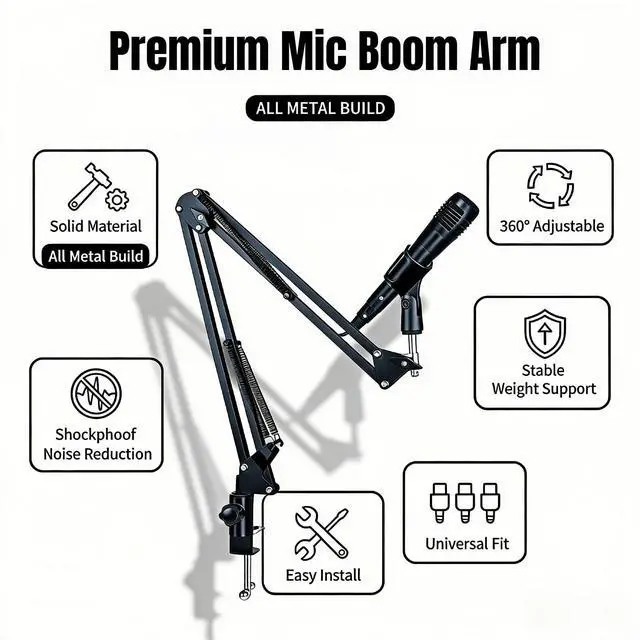 Alt view image 4 of 7 - Microphone Boom Arm Stand, Adjustable Desk Mount Scissor Arm with 360° Rotation, Heavy Duty Metal, for Podcast, Recording, Streaming, Gaming, Voice-Over, Studio, Home Office Black