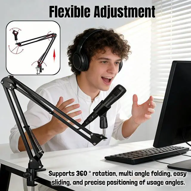 Alt view image 6 of 7 - Microphone Boom Arm Stand, Adjustable Desk Mount Scissor Arm with 360° Rotation, Heavy Duty Metal, for Podcast, Recording, Streaming, Gaming, Voice-Over, Studio, Home Office Black