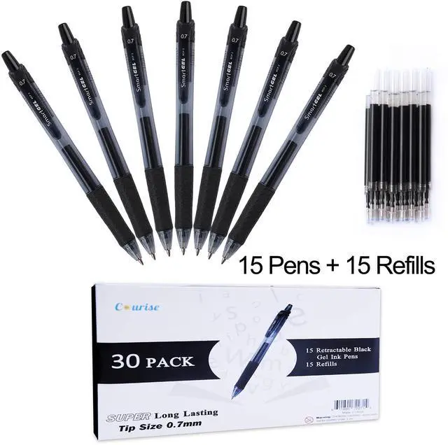 Alt view image 2 of 7 - 30 Pack Black Gel Pens, Retractable Medium Point Gel Ink Pens Smooth Writing for School Office Home, Comfort Grip(15 Pens with 15 Refills)