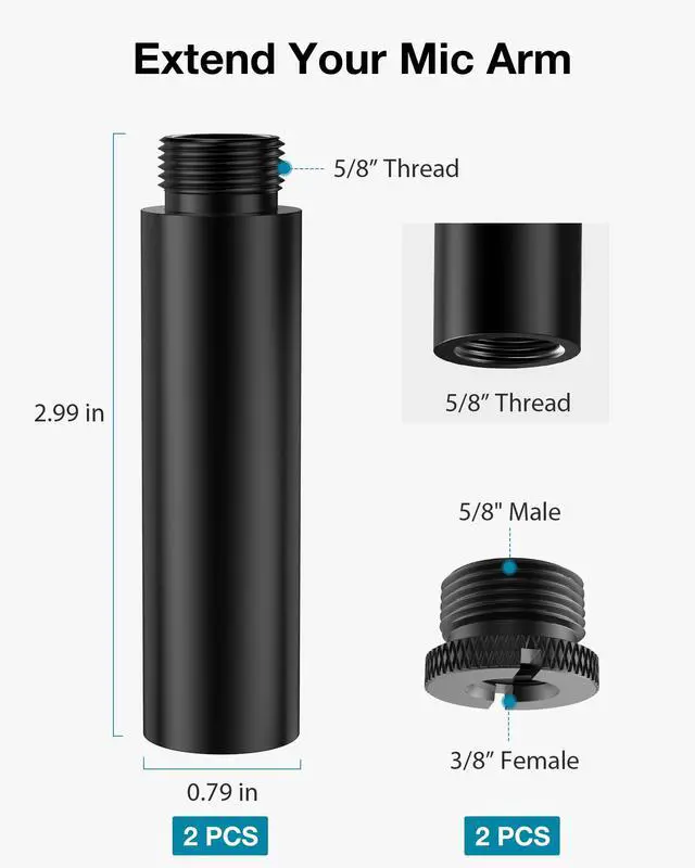 Alt view image 2 of 7 - Mic Stand Extension Tube 2 Pcs 5/8" Thread Microphone Extender Kit