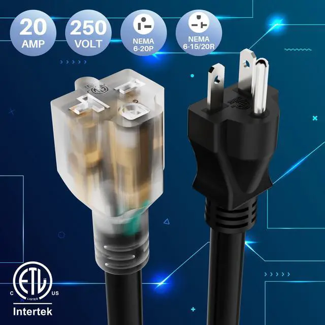 Alt view image 2 of 6 - NEMA 6-20P to 6-20R/6-15R Extension Cord 3FT, 12 Gauge Heavy Duty Durable Power Cable, T-Blade Cord with LED Indicator for Indoor/Outdoor, 20 Amp, 250Volt, 12/3 AWG, ETL Listed