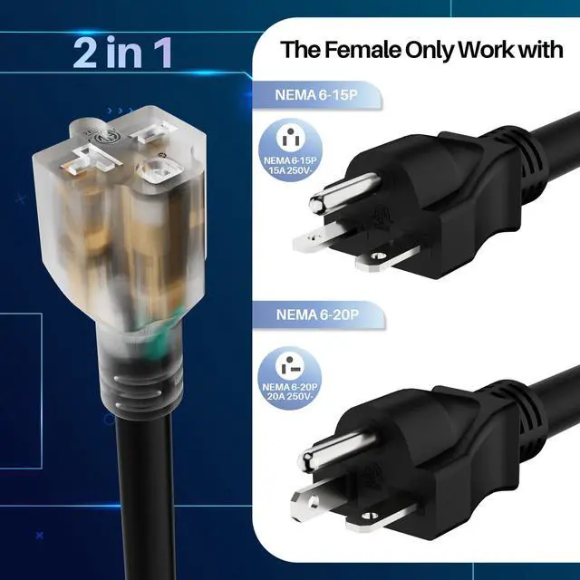 Alt view image 4 of 6 - NEMA 6-20P to 6-20R/6-15R Extension Cord 3FT, 12 Gauge Heavy Duty Durable Power Cable, T-Blade Cord with LED Indicator for Indoor/Outdoor, 20 Amp, 250Volt, 12/3 AWG, ETL Listed