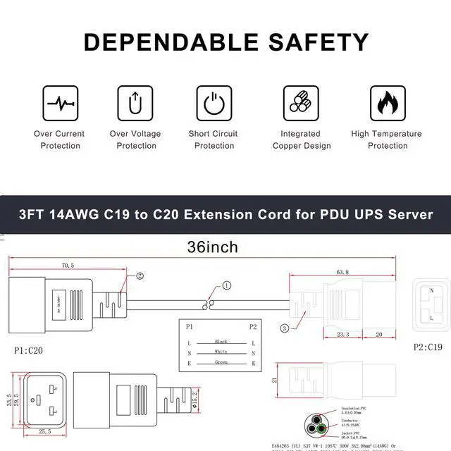 Alt view image 3 of 7 - 14AWG Heavy Duty C19 to C20 Power Cord - 3FT IEC 320 C19 Female to C20 Male Extension Cable - 15A/250V SJT Server Rack for PDU, UPS, Data Center, Network Equipment - Black