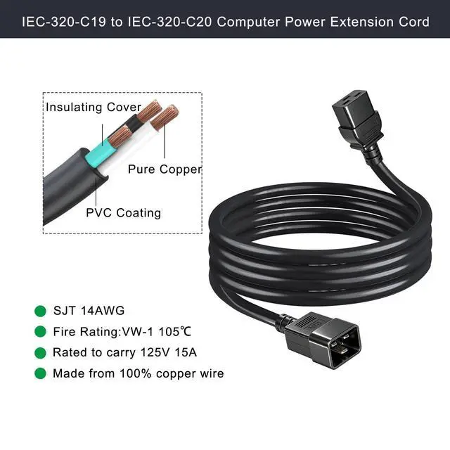 Alt view image 4 of 7 - 14AWG Heavy Duty C19 to C20 Power Cord - 3FT IEC 320 C19 Female to C20 Male Extension Cable - 15A/250V SJT Server Rack for PDU, UPS, Data Center, Network Equipment - Black
