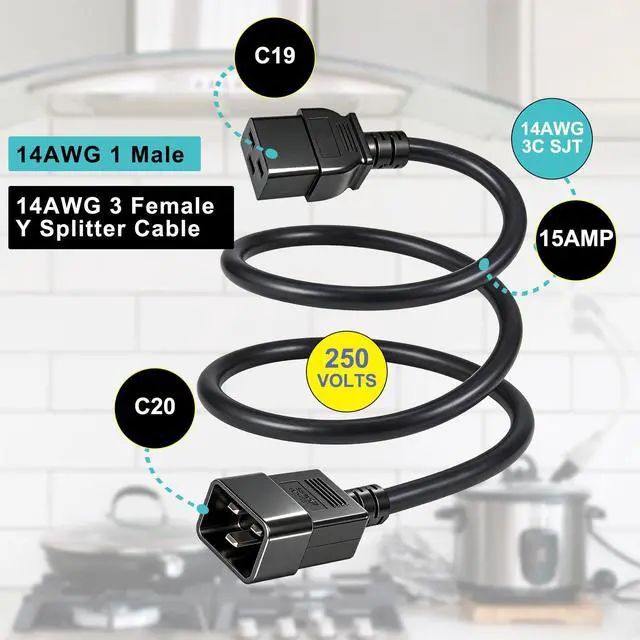Alt view image 6 of 7 - 14AWG Heavy Duty C19 to C20 Power Cord - 3FT IEC 320 C19 Female to C20 Male Extension Cable - 15A/250V SJT Server Rack for PDU, UPS, Data Center, Network Equipment - Black