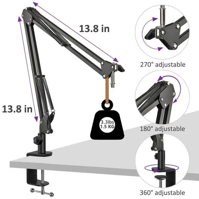 Alt view image 2 of 7 - Adjustable Seiren Mic Boom Arm, Mic Stand Compatible with Razer Seiren X Mini V2 V3 USB Streaming Microphone for Recording, Gaming, Podcast