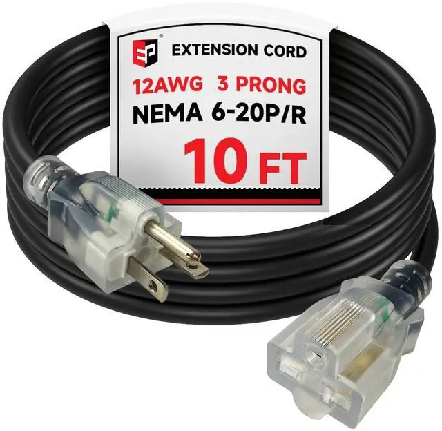 Main image of 10 Ft 12/3 SJTW Outdoor Extension Cord NEMA 6-20 P/R 20A 250V, Black