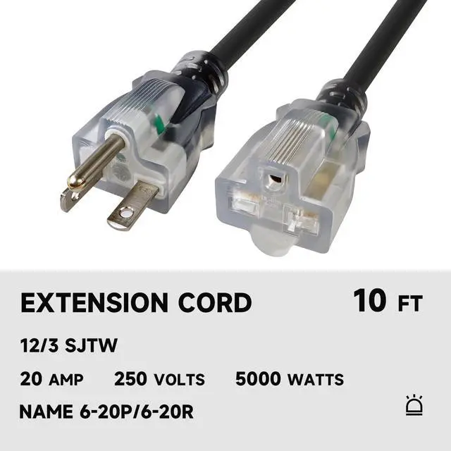 Alt view image 2 of 7 - 10 Ft 12/3 SJTW Outdoor Extension Cord NEMA 6-20 P/R 20A 250V, Black