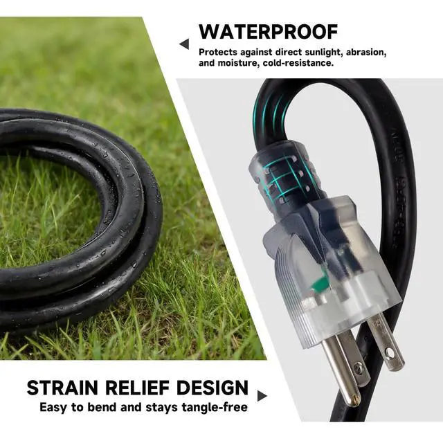 Alt view image 5 of 7 - 10 Ft 12/3 SJTW Outdoor Extension Cord NEMA 6-20 P/R 20A 250V, Black