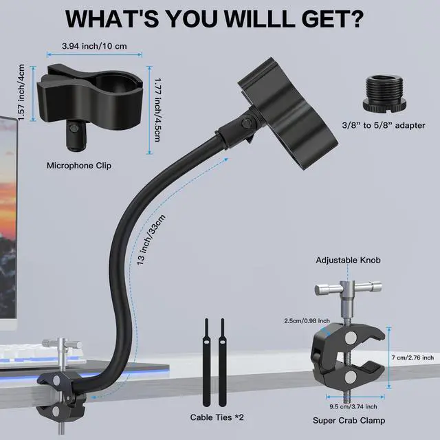 Alt view image 6 of 7 - Gooseneck Microphone Stand with Clamp, Flexible 13'' Boom Arm Mic Mount for Desk & Pipes, Compatible with Blue Yeti, Snowball, Razer, Pyle, Podcasting & Streaming