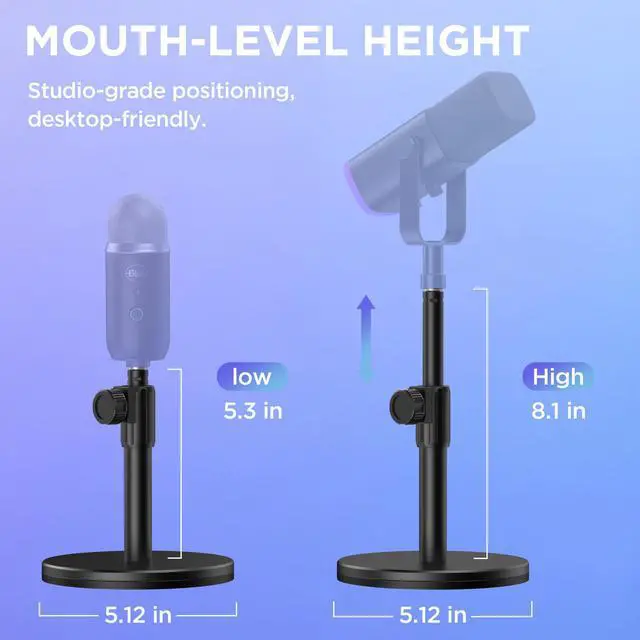 Alt view image 2 of 7 - Mic Stand Desk, Adjustable Desktop Microphone Stand Studio Table Mic Stand for Desk Mic Holder with 3/8" to 5/8" Screw for Blue Yeti HyperX QuadCast SoloCast Snowball Fifine and Other Mics