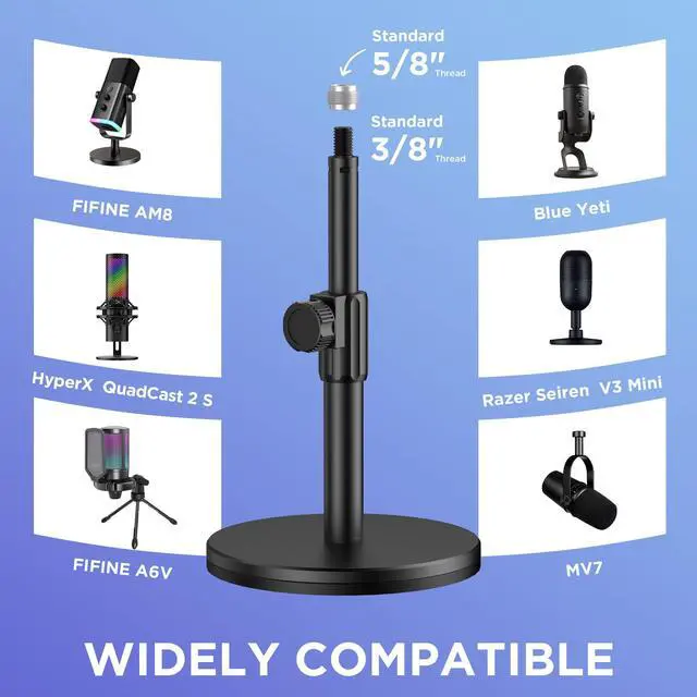 Alt view image 6 of 7 - Mic Stand Desk, Adjustable Desktop Microphone Stand Studio Table Mic Stand for Desk Mic Holder with 3/8" to 5/8" Screw for Blue Yeti HyperX QuadCast SoloCast Snowball Fifine and Other Mics