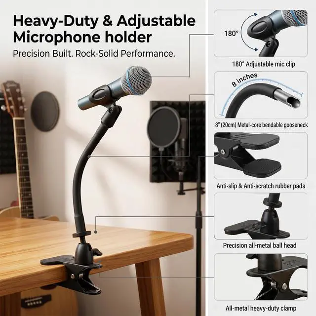Alt view image 3 of 7 - Microphone Stand With Desk Clamp,360°Rotating Base,8"Gooseneck Arm