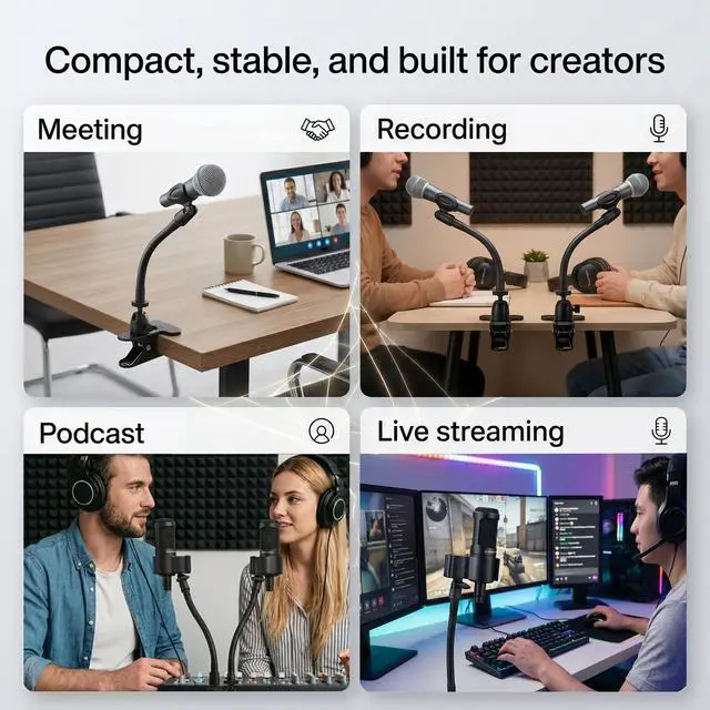Alt view image 4 of 7 - Microphone Stand With Desk Clamp,360°Rotating Base,8"Gooseneck Arm