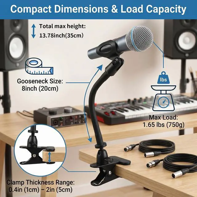 Alt view image 5 of 7 - Microphone Stand With Desk Clamp,360°Rotating Base,8"Gooseneck Arm