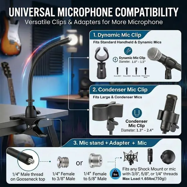 Alt view image 6 of 7 - Microphone Stand With Desk Clamp,360°Rotating Base,8"Gooseneck Arm