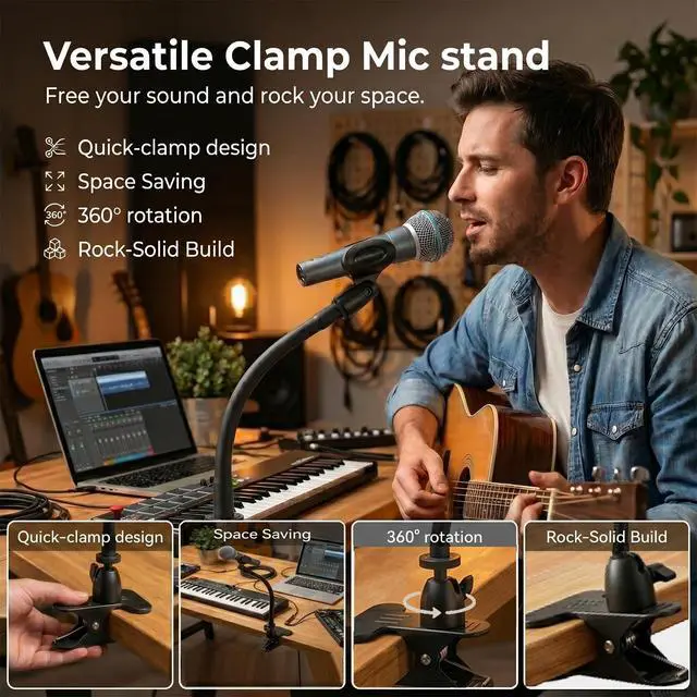 Alt view image 2 of 7 - Microphone Stand With Desk Clamp,360°Rotating Base,8"Gooseneck Arm