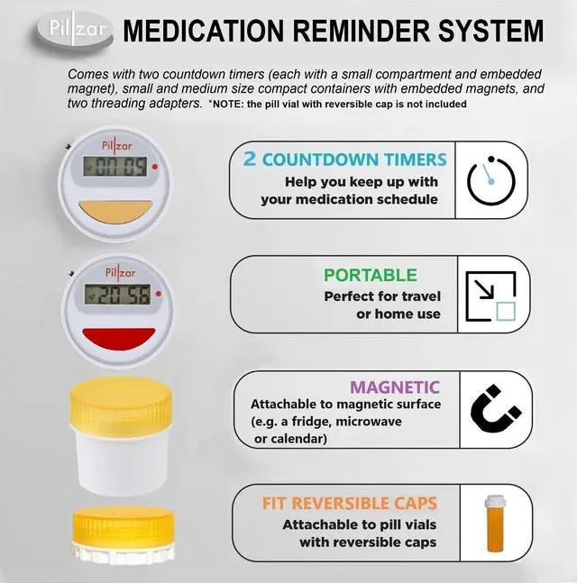 Alt view image 2 of 7 - Portable Medication Reminder System with Two Timer Caps Compact Organizer for Pills, Vitamins & Supplements for Travel or Home Use.