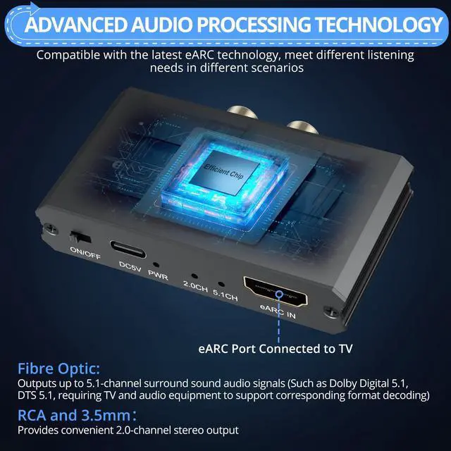 Alt view image 3 of 7 - 192KHz eARC/ARC Audio Extractor - Optical/RCA/3.5mm Output, Connect New TVs to Speakers, Amplifiers, Soundbars,Headphones for Home Theater,Dolby Digital DTS & 5.1 Surround Support