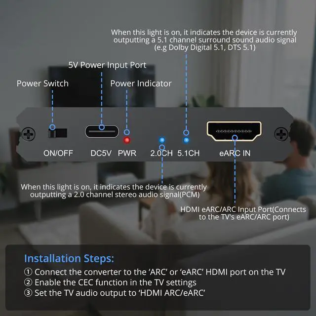 Alt view image 4 of 7 - 192KHz eARC/ARC Audio Extractor - Optical/RCA/3.5mm Output, Connect New TVs to Speakers, Amplifiers, Soundbars,Headphones for Home Theater,Dolby Digital DTS & 5.1 Surround Support