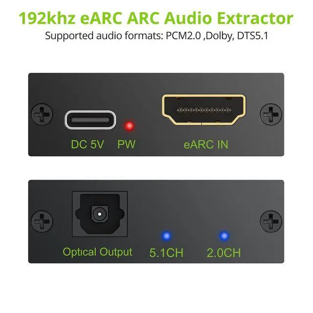 Alt view image 2 of 7 - eARC/ARC Audio Extractor, HDMI eARC to Optical Converter with Audio Signal Indicator & 2.1M Cable, 192kHz, Dolby 5.1 DTS 5.1, for TV to Soundbar,Wireless Headphones,Home Theater(NO CEC)