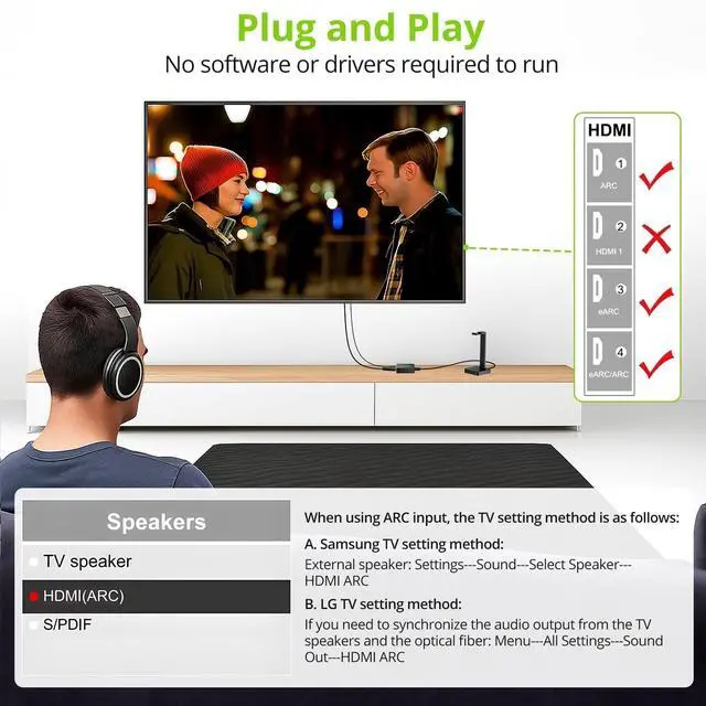 Alt view image 5 of 7 - eARC/ARC Audio Extractor, HDMI eARC to Optical Converter with Audio Signal Indicator & 2.1M Cable, 192kHz, Dolby 5.1 DTS 5.1, for TV to Soundbar,Wireless Headphones,Home Theater(NO CEC)