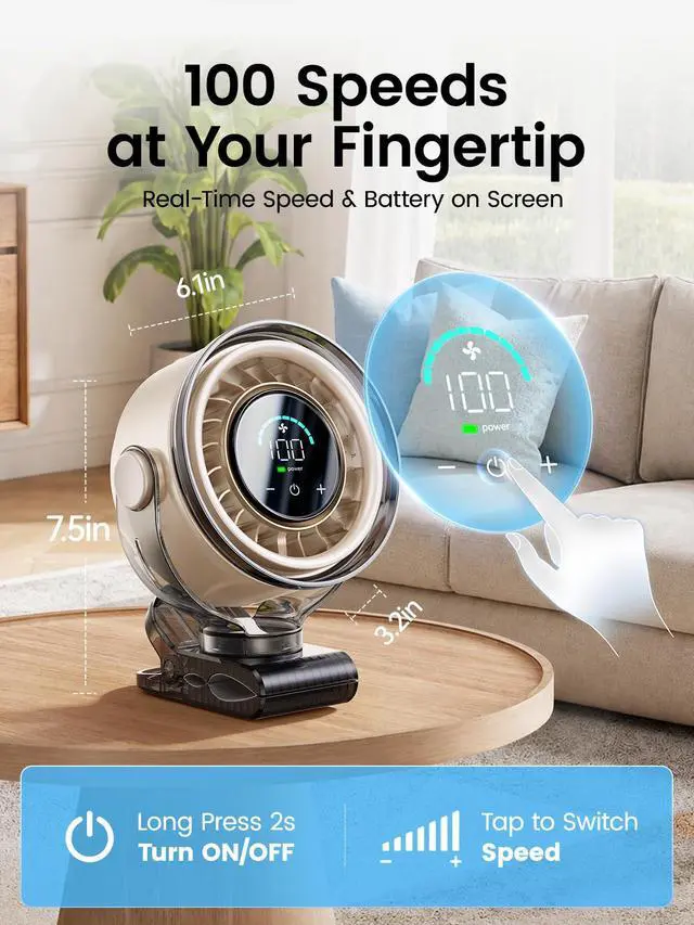 Alt view image 2 of 7 - Clip on Fan, Rechargeable USB Fan with Sturdy Clamp, LED Display, 100 Speeds, 3000mAh Battery, 360° Rotation, 5.5 Inch Portable Fan for Stroller Bed Camping Treadmill Car White