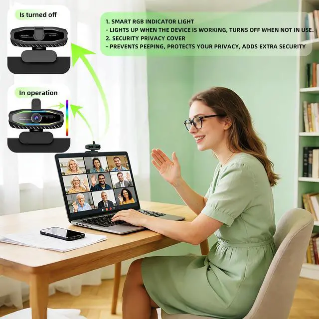 Alt view image 3 of 7 - 1080P HD Webcam, USB Plug & Play Computer Camera, Auto Low-Light Streaming Camera, RGB Status Light Web cam, Noise-Canceling Microphone Webcam - for Video on Laptop & Desktop