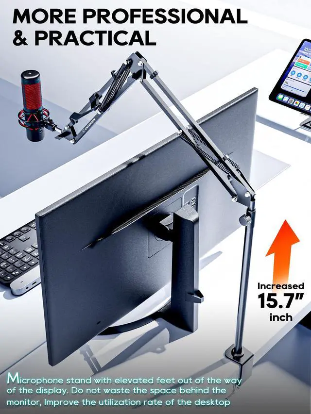 Alt view image 2 of 7 - Boom Arm, 360° Rotatable Microphone Stand with Desk Mount, Foldable Desk Mic Arm with 3/8'' to 5/8'' Screw Adapter, Microphone Arm for Live Streaming, Gaming, Podcasting
