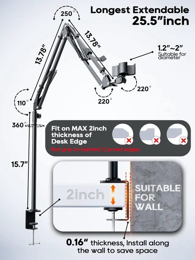 Alt view image 5 of 7 - Boom Arm, 360° Rotatable Microphone Stand with Desk Mount, Foldable Desk Mic Arm with 3/8'' to 5/8'' Screw Adapter, Microphone Arm for Live Streaming, Gaming, Podcasting