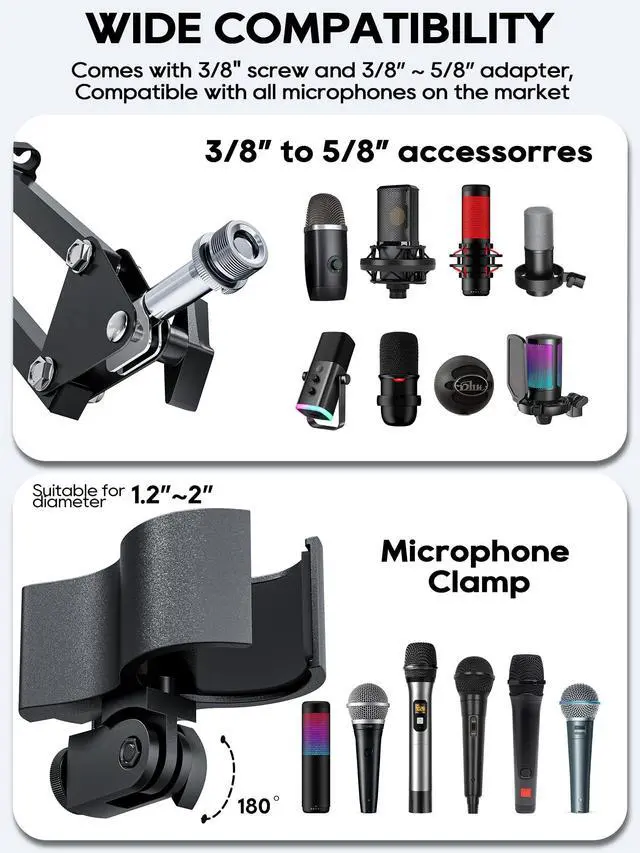 Alt view image 7 of 7 - Boom Arm, 360° Rotatable Microphone Stand with Desk Mount, Foldable Desk Mic Arm with 3/8'' to 5/8'' Screw Adapter, Microphone Arm for Live Streaming, Gaming, Podcasting