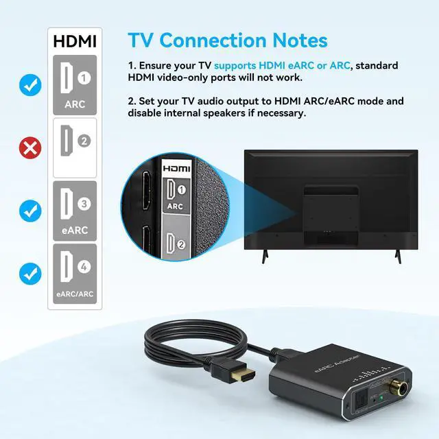 Alt view image 2 of 7 - HDMI eARC Audio Extractor Only Work for HDTV ARC/eARC Audio Adapter Converter HDTV Audio Transmitted via Toslink+Coaxial ports Support 192KHZ for Soundbars Home Theaters and Audio Systems No CEC