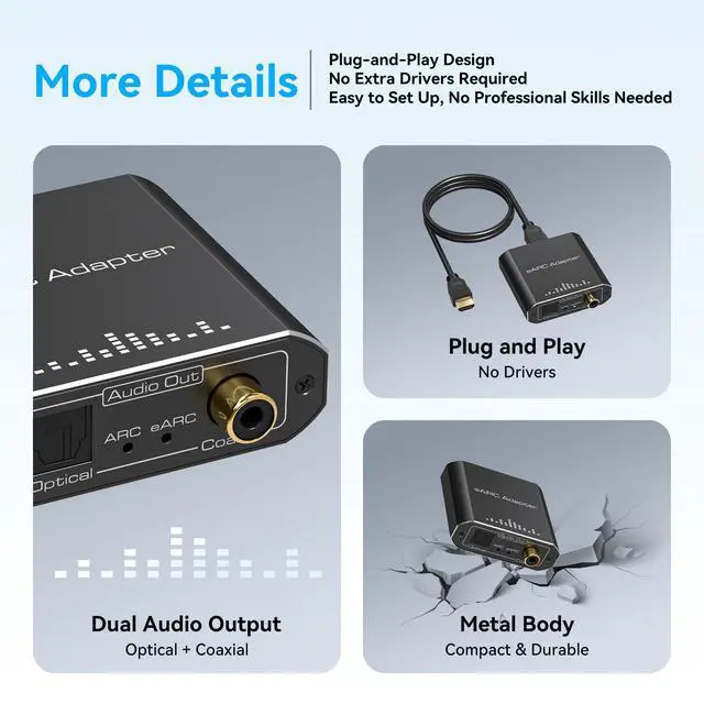 Alt view image 6 of 7 - HDMI eARC Audio Extractor Only Work for HDTV ARC/eARC Audio Adapter Converter HDTV Audio Transmitted via Toslink+Coaxial ports Support 192KHZ for Soundbars Home Theaters and Audio Systems No CEC