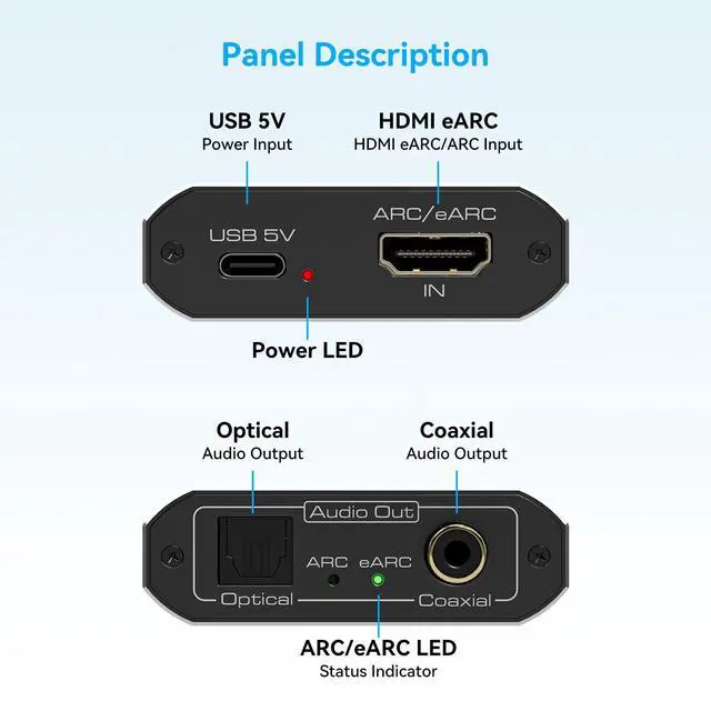 Alt view image 7 of 7 - HDMI eARC Audio Extractor Only Work for HDTV ARC/eARC Audio Adapter Converter HDTV Audio Transmitted via Toslink+Coaxial ports Support 192KHZ for Soundbars Home Theaters and Audio Systems No CEC